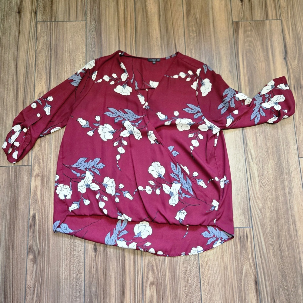 West Kei Burgundy Floral Wrap Style Blouse Top Plus Size XL - Picture 7 of 9